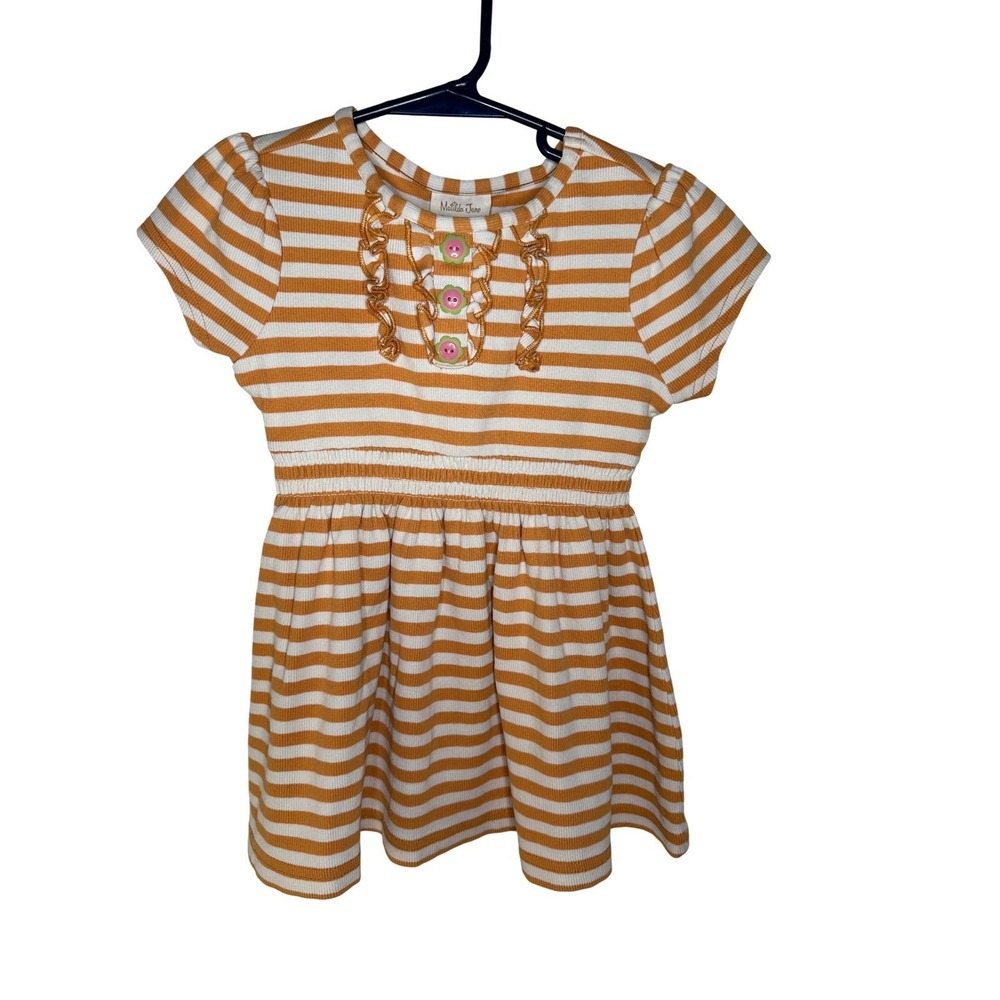 Matilda Jane Girls Orange White Striped Dress Size 2 Ruffle‎ Floral Buttons